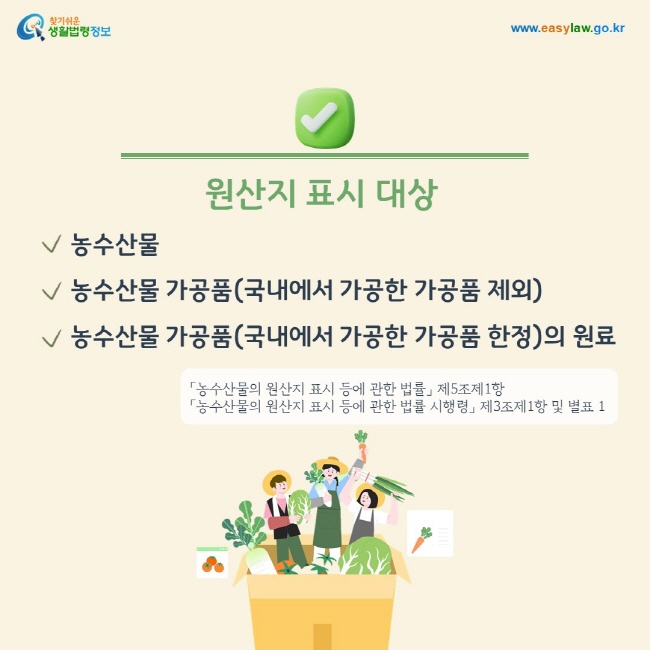 원산지 표시 대상
1. 농수산물
2. 농수산물 가공품(국내에서 가공한 가공품 제외)
3. 농수산물 가공품(국내에서 가공한 가공품 한정)의 원료
「농수산물의 원산지 표시 등에 관한 법률」 제5조제1항, 「농수산물의 원산지 표시 등에 관한 법률 시행령」 제3조제1항 및 별표 1

